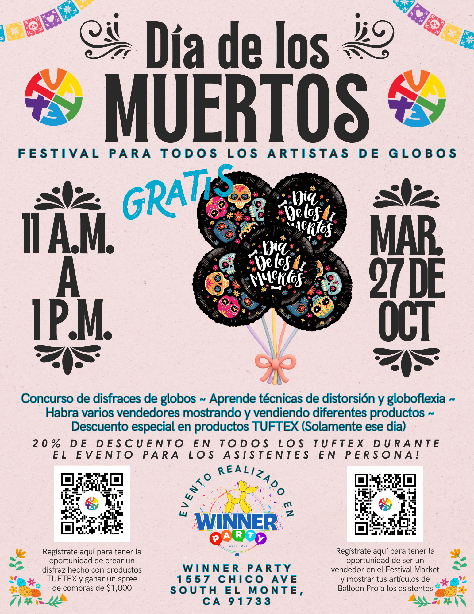 Día de los Muertos FESTIVAL PARA TODOS LOS ARTISTAS DE GLOBOS (Winner Party, LA area)